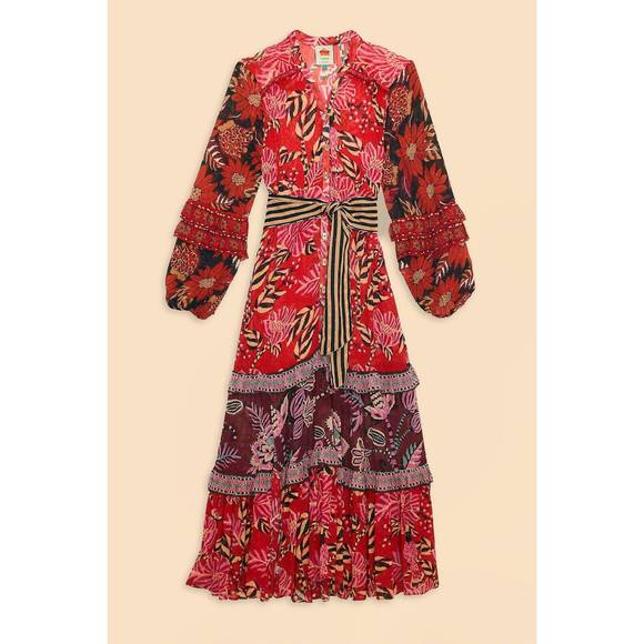 NEW FARM RIO mixed floral prints long sleeve maxi dress in red multi - Picture 2 of 6